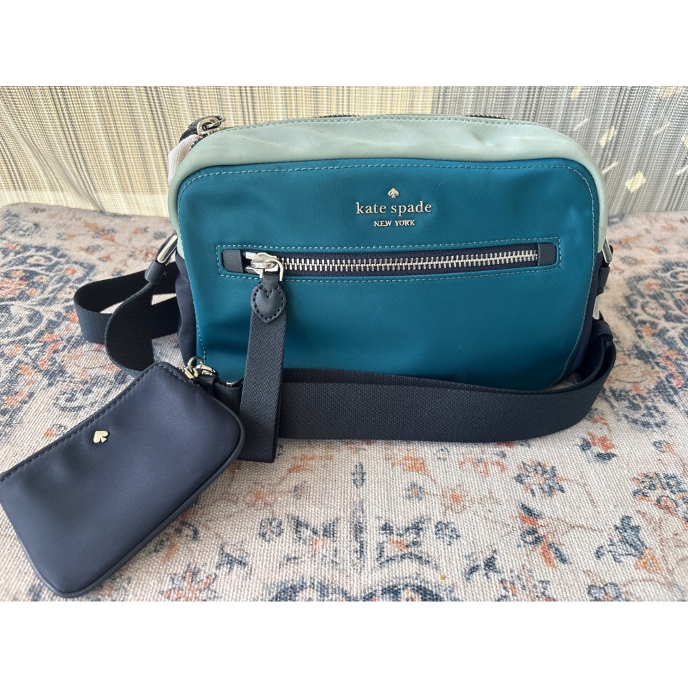 Kate Spade New York Tricolor Nylon Crossbody Camera Bag with Coin Pouch Teal